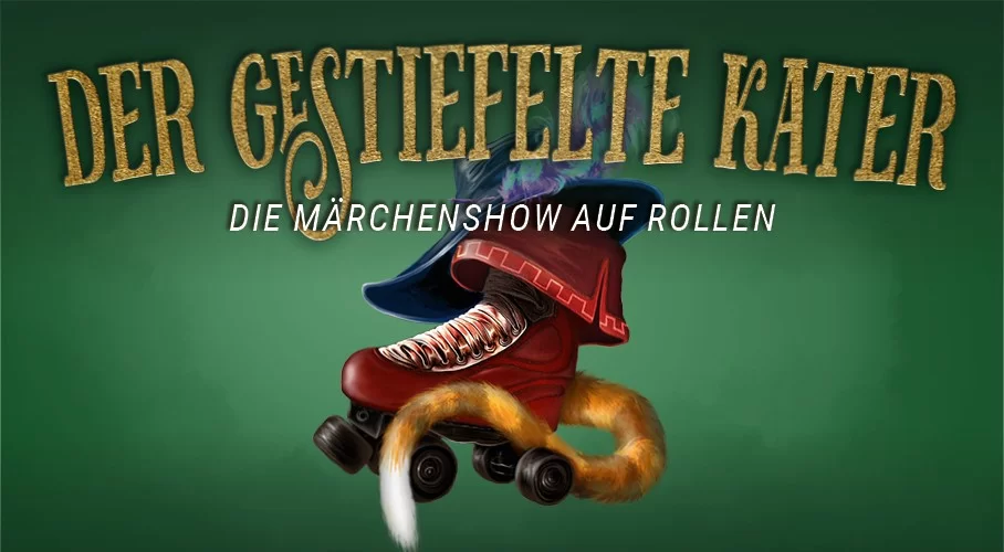 Eine Zeichnung stellt einen Rollschuh dar, der eine Verkleidung trägt: einen Hut und einen rot-getigerten Schwanz.